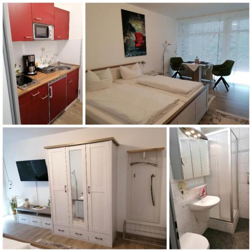 a collage of three pictures of a kitchen and a room at Appartementhaus Nürnberg in Bad Füssing