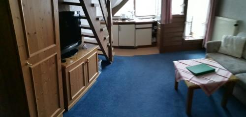 a living room with a tv and a couch and a table at Aparthotel Kupferkanne in Todtmoos