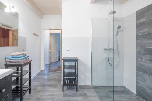 baño con cabina de ducha de cristal y lavamanos en Ferienhaus In de Bargen, en Langenhorn