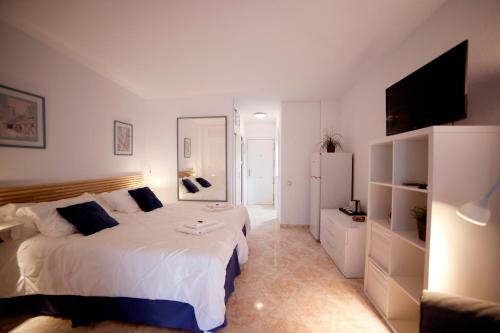 a bedroom with a large bed and a mirror at Apartamentos DC in Benalmádena