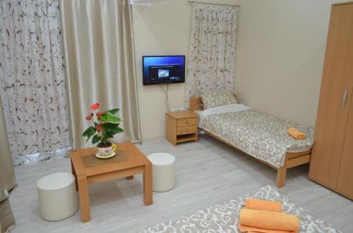 a small living room with a bed and a tv at Guest House Konak Iris in Predejane