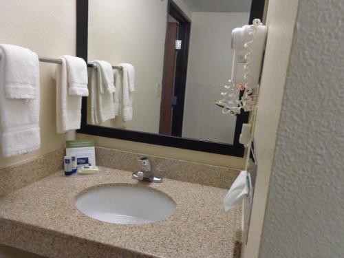 a bathroom with a sink and a large mirror at AmericInn by Wyndham Muscatine in Muscatine
