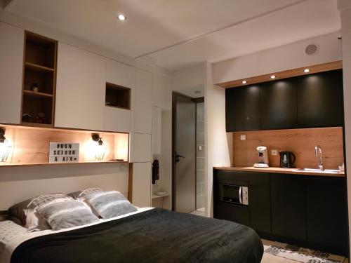 une chambre avec un grand lit et un lavabo dans l'établissement Superbe 2 étoiles Parking privé en centre ville, à Aix-les-Bains