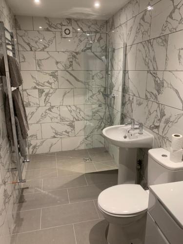 a bathroom with a toilet and a sink at Comfy flat in the heart of St Leonards in St. Leonards