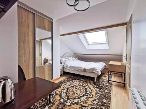 a bedroom with a bed and a mirror at La Maison Charentonneau in Maisons-Alfort