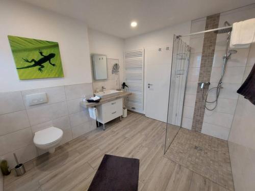 La salle de bains est pourvue d'une douche, de toilettes et d'un lavabo. dans l'établissement Ferienwohnung Helenenquelle, à Bad Wildungen