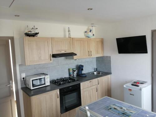 a small kitchen with a microwave and a stove at gite repos et tranquillité P in Cayeux-sur-Mer