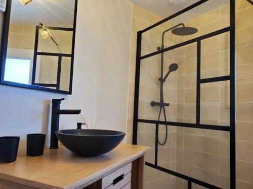 a bathroom with a sink and a glass shower at Jacuzzi privatif dans maison de village au calme in Flaviac