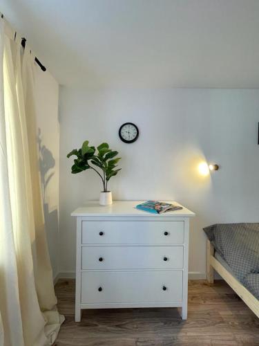 a white dresser with a plant on top of it at Niron Apartament Ludowa in Piła
