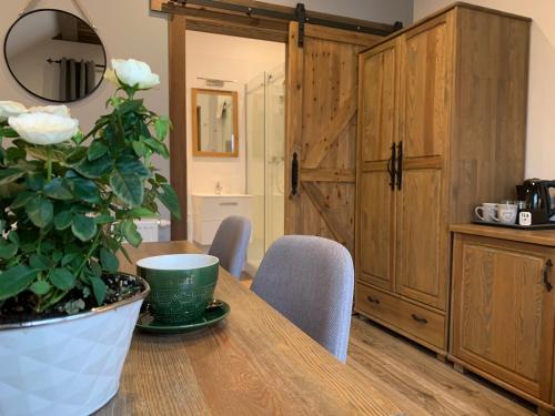 una mesa de comedor con una planta y un espejo en Willa Donia en Ustroń