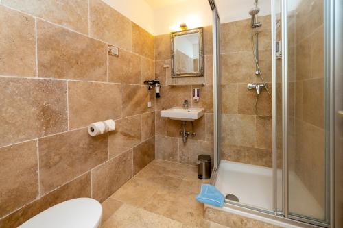 ein Bad mit einer Dusche, einem WC und einem Waschbecken in der Unterkunft Hotel Holsteinische Schweiz am Dieksee in Malente