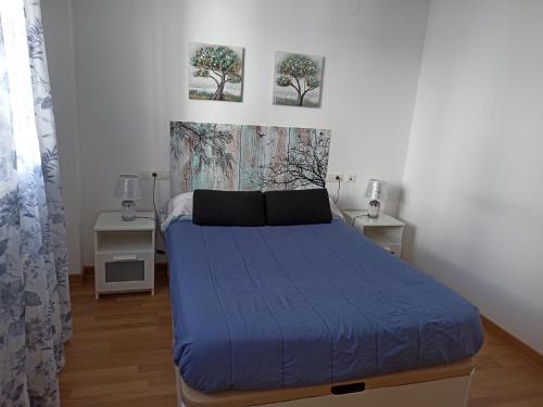 1 dormitorio con 1 cama con edredón azul en Casa Jimenez, en Güéjar-Sierra