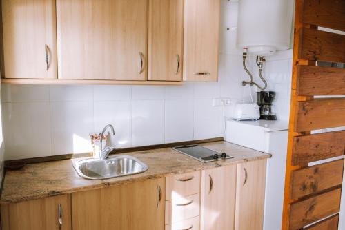 a kitchen with wooden cabinets and a sink at Agi Marina Apartments in Roses
