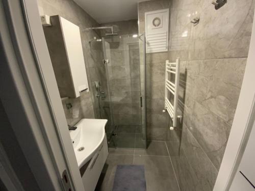 ein Bad mit einer Dusche, einem WC und einem Waschbecken in der Unterkunft Luxury Z-Apart Family Homes 2 Bedrooms WIFI near Metro Zeytinburnu Istanbul in Istanbul