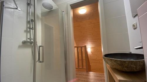 a bathroom with a sink and a glass shower at Chata na samote - Kráľova Lehota in Kráľová Lehota