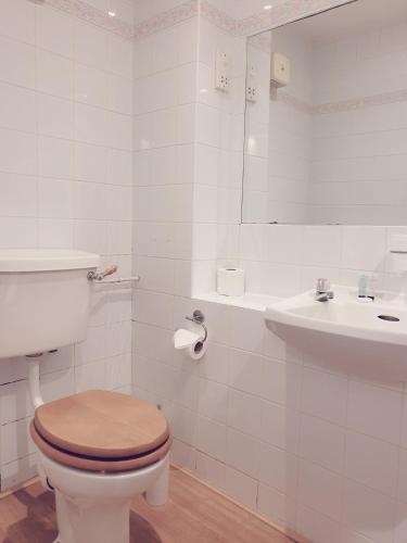 a white bathroom with a toilet and a sink at The Crown House Inn in Great Chesterford