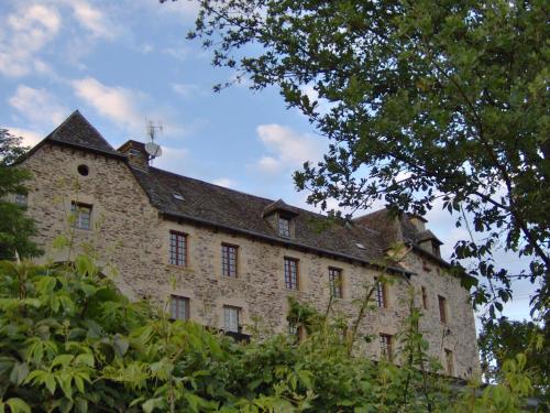 an old stone building with trees in the foreground at B&B Manoir de la Fabrègues in Estaing
