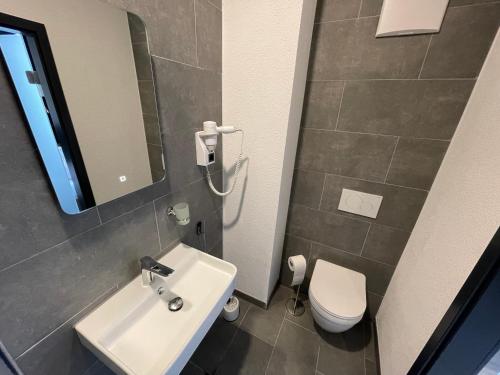 La salle de bains est pourvue d'un lavabo, de toilettes et d'un miroir. dans l'établissement Yebs Hotel, à Guntzbourg