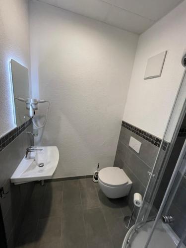 a bathroom with a toilet and a sink and a shower at Yebs Hotel in Günzburg