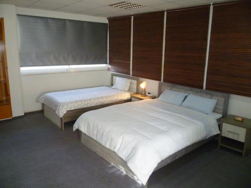 1 dormitorio con 2 camas y ventana en Datacom Guest House, en Nicosia