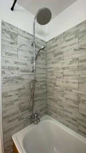 a shower in a bathroom with a bath tub at Chamois de Chamonix, Confortable 2 pièces, balcon, parking gratuit in Chamonix-Mont-Blanc
