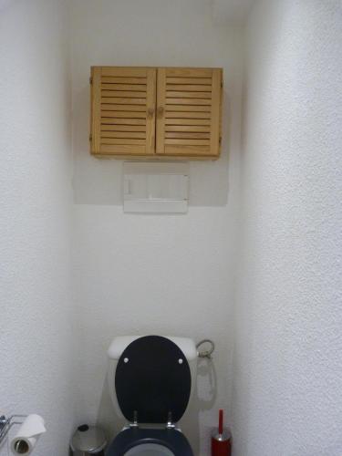 a bathroom with a toilet with a wooden cabinet above it at Chamois de Chamonix, Confortable 2 pièces, balcon, parking gratuit in Chamonix-Mont-Blanc