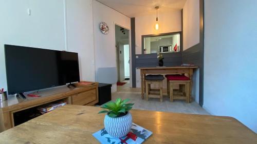 a living room with a television and a vase on a table at Chamois de Chamonix, Confortable 2 pièces, balcon, parking gratuit in Chamonix-Mont-Blanc