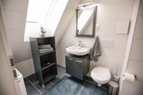 uma casa de banho com um lavatório, um WC e um espelho. em Turis Ferienwohnung 65-3 em Triberg