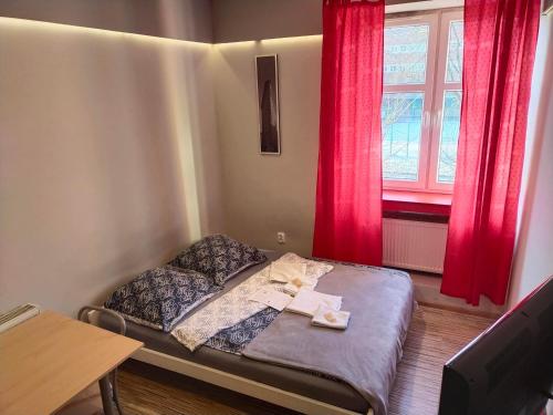 a small room with a bed and a window at FurHouse in Wrocław
