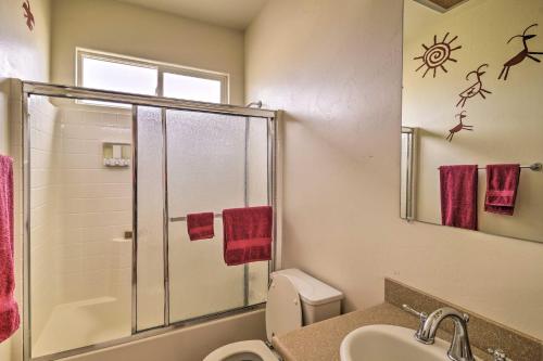 a bathroom with a shower and a toilet and a sink at Borrego Springs Stargazing Home with Mtn Views in Borrego Springs