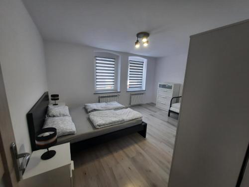 Un dormitorio con una cama y dos ventanas en Apartament "U Kasi i Jakuba", en Szklarska Poręba