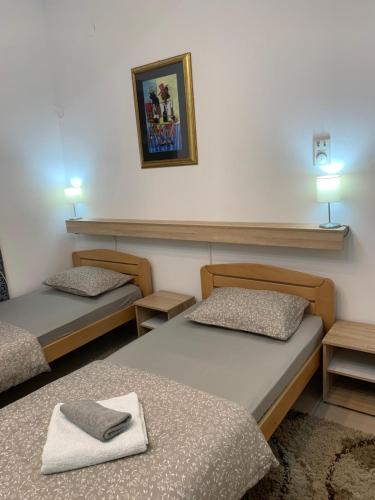 two twin beds in a room with two lamps at Guesthouse Vladimir & Ana in Pančevo
