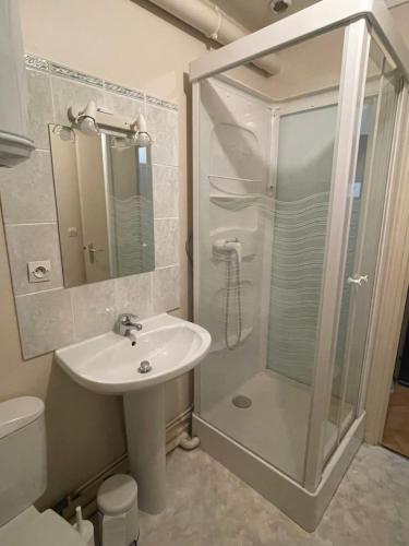 une salle de bain avec une douche en verre et un lavabo dans l'établissement Le Studio de Louise, Centre-ville de Saint Valery, à Saint-Valery-sur-Somme
