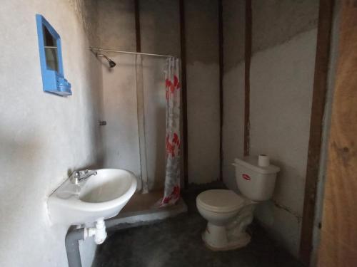 ein Bad mit einem Waschbecken und einem WC in der Unterkunft Casa Canaima beach in Zorritos