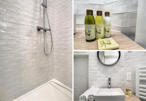 La salle de bains est pourvue d'une douche et de 2 bouteilles de vin. dans l'établissement Nestor&Jeeves - BOW WINDOW BUFFA - City center - Very close beach, à Nice
