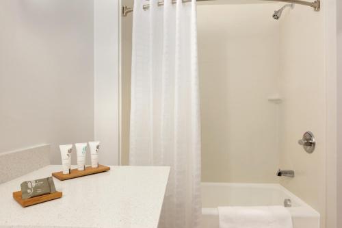 a white bathroom with a shower and a sink at Country Inn & Suites by Radisson, DFW Airport South, TX in Irving