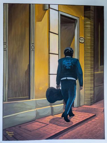 a painting of a man walking out of a door at Hotel Spa Maggic Home Panorámica in Guanajuato