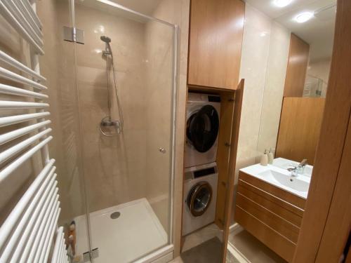 a bathroom with a washing machine and a sink at Horský apartmán u sjezdovky in Loučná pod Klínovcem