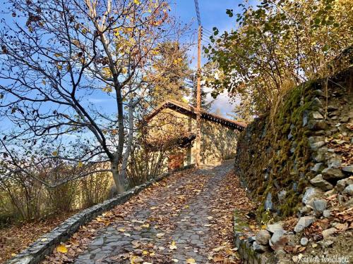 a stone path next to a stone wall at Sophias Cottage in Askas