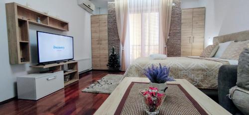 uma sala de estar com uma cama e uma televisão em Apartman Temida Lux em Vrnjačka Banja
