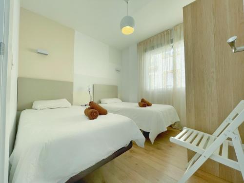 Un dormitorio con dos camas con ositos de peluche encima. en Apartamento Soho centro malaga, en Málaga