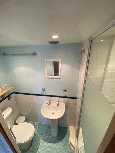 Un baño con inodoro, lavabo y ducha. en White Moon Hotel, en Blackpool
