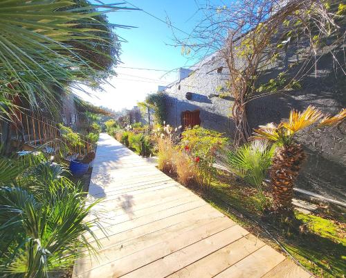 une passerelle en bois avec des plantes sur le côté d'un bâtiment dans l'établissement Bandol - Résidence Premium jardin, piscine et garage, à Bandol