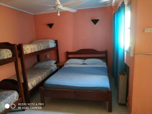 sypialnia z 2 łóżkami piętrowymi i oknem w obiekcie Hotel Danes w mieście Mar del Plata