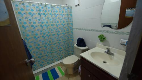 a bathroom with a shower and a toilet and a sink at Seashore Condo in Rincon