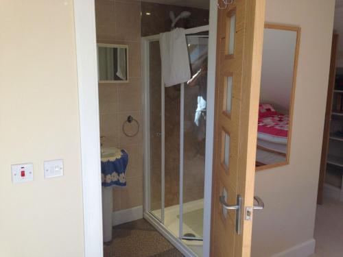 uma casa de banho com um chuveiro e uma porta de vidro em Langside em Stirling