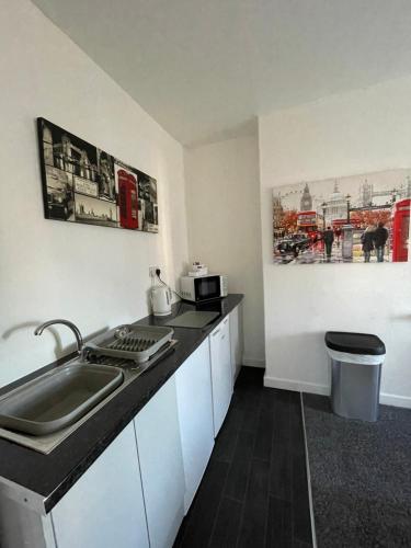 uma cozinha com um lavatório e uma bancada em Fionn House Darlington em Darlington