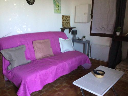 a pink couch in a living room with a table at Numéro 190 rue des moulins Nid douillet au cœur de la haute Provence vachéres in Reillanne