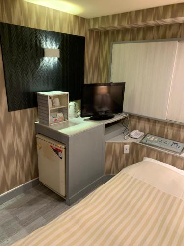 a small room with a bed and a television at City Hotel Southern Cross in Tokyo