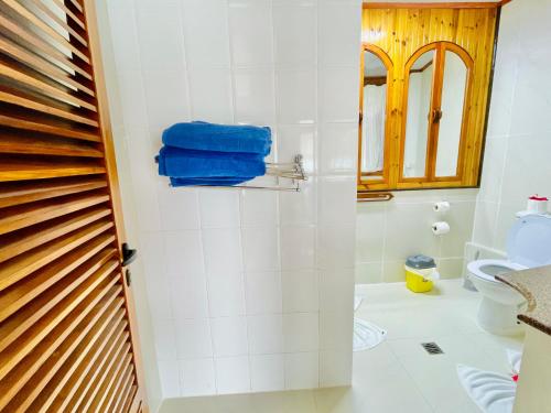 a bathroom with a toilet and a blue towel at Villa Chez Batista in Takamaka